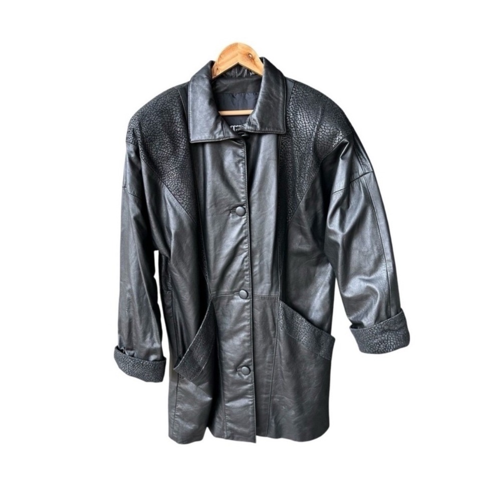 Comint Vintage Black Leather Jacket Coat Textured Yoke 90s Grunge Womens Large